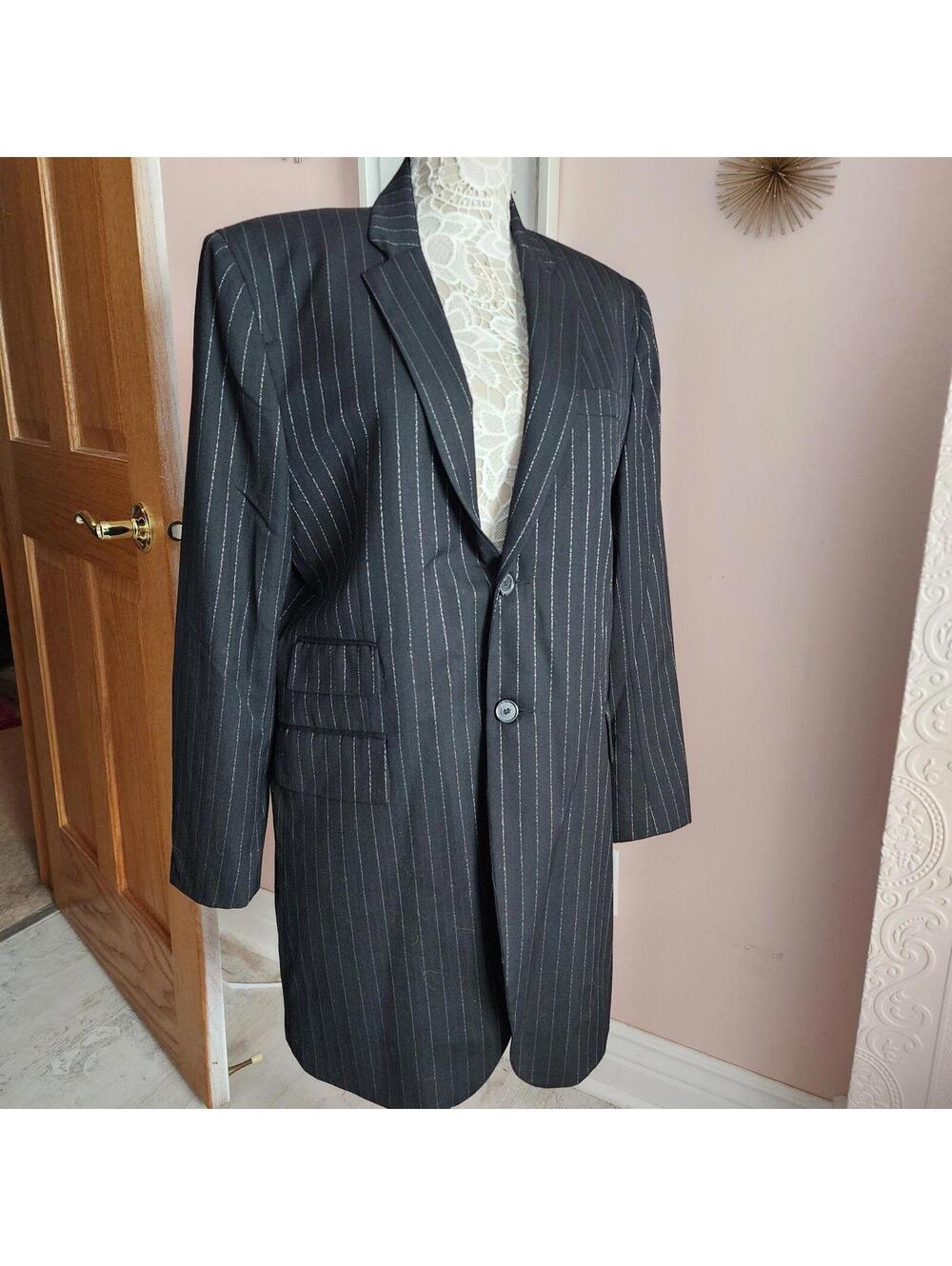 GRIFFIN Melbourne Black Pinstripe Long Wool Blazer Metallic Thread M L